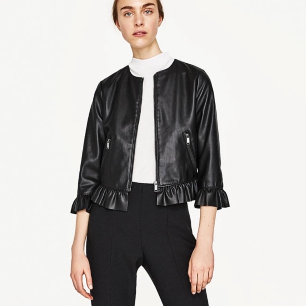 Zara Vegan Leather Jacket with Ruffles